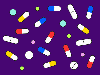 Purple Background With Colored Pills Saying I GIF