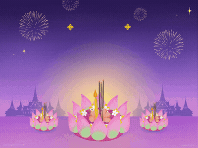 Purple Background With Fireworks And Lotus Flower Candles GIF
