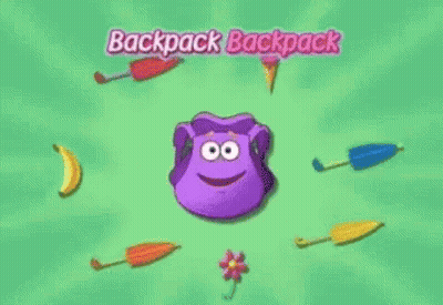 Purple Backpack Surrounded By Umbrellas Ice Cream Bananas Flower GIF