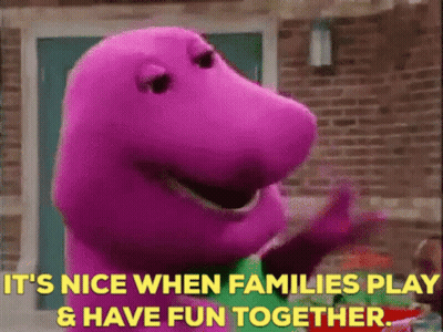 Purple Barney Dinosaur Saying It's Nice When Families Play GIF