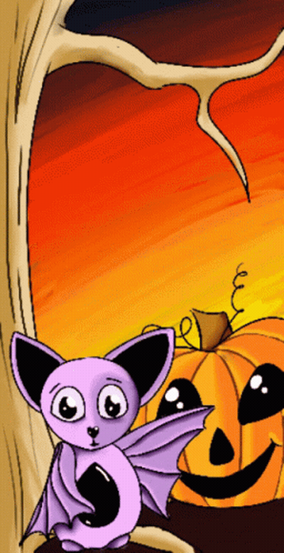 Purple Bat Sitting Next To Pumpkin GIF