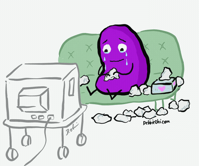 Frijol morado sentado en sofá verde con pañuelos GIF