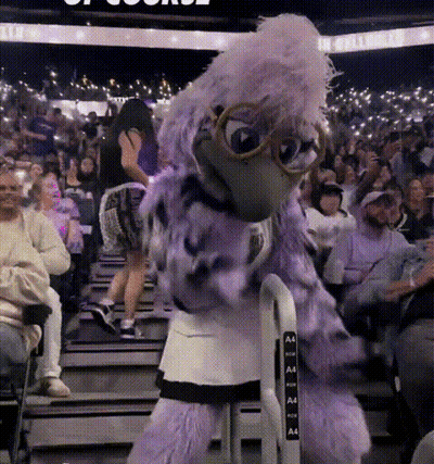 Purple Bird Mascot In Front Of Crowd With Letters A And A GIF