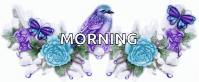 Purple Bird On Branch With Roses And Butterflies Saying Morning GIF