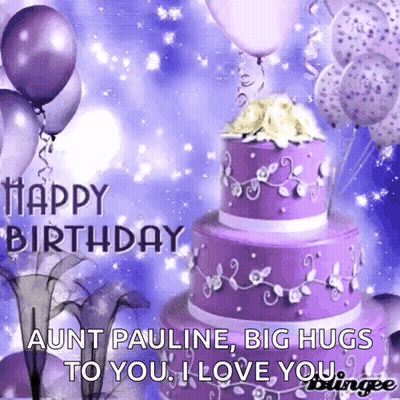 Purple Birthday Cake With Balloons Happy Birthday Aunt Pauline Big Hugs I Love You GIF