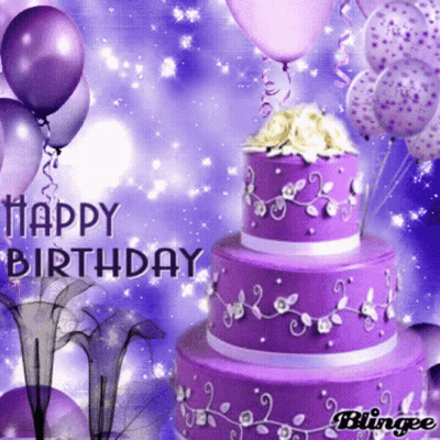 Purple Birthday Cake With Balloons Saying Happy Birthday GIF
