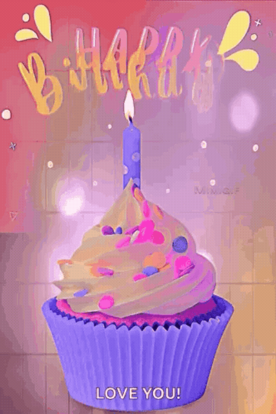 Purple Birthday Cupcake With Blue Candle And Sprinkles GIF