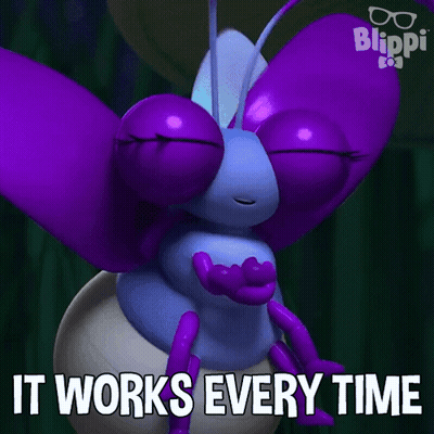 Purple Bug With Big Eyes Saying It Works Every Time GIF
