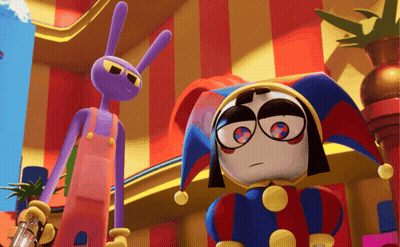 Purple Bunny And Jester In Colorful Room GIF