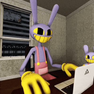Purple Bunny At Desk With Laptop Letter A GIF