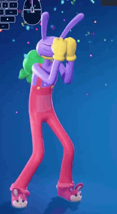 Purple Bunny Dancing In Video Game With Pink Overalls And Slippers GIF