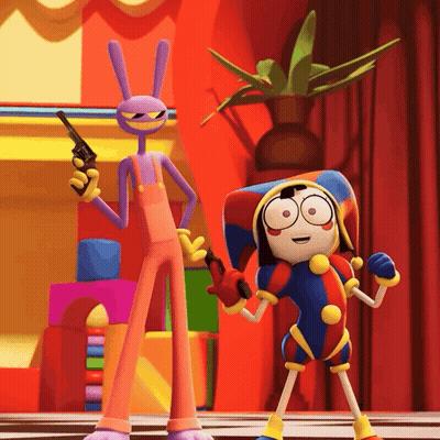 Purple Bunny Holding Gun Next To Jester GIF