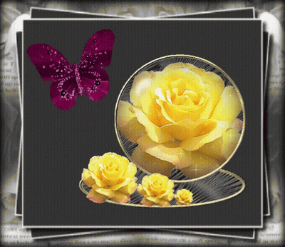 Purple Butterfly Flying Around Yellow Rose In Glass GIF