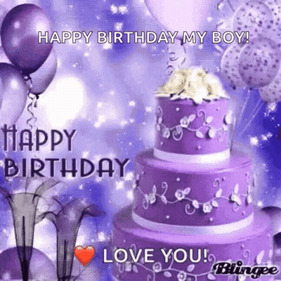 Purple Cake And Balloons Birthday Card Saying Happy Birthday My Boy GIF