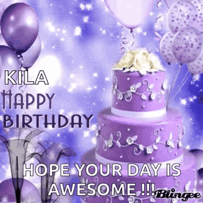 Purple Cake Balloons Birthday Card Saying Hope Your Day Is Awesome GIF