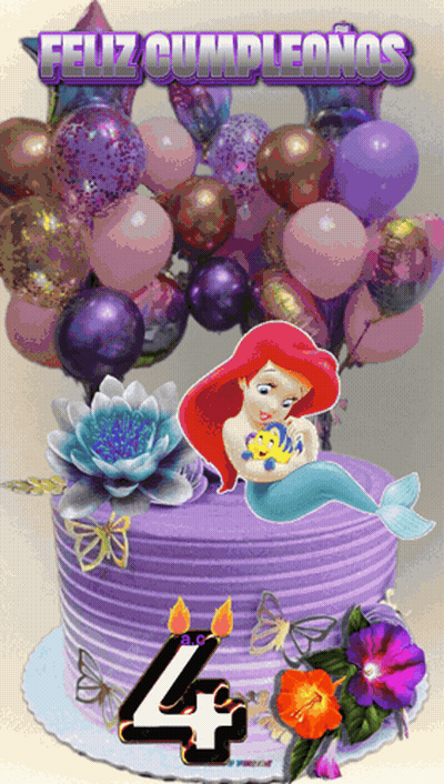 Purple Cake With Mermaid And Number 4 GIF