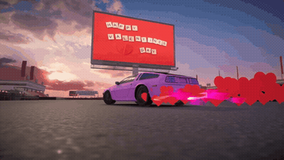 Purple Car Drifting In Front Of Valentine Billboard GIF