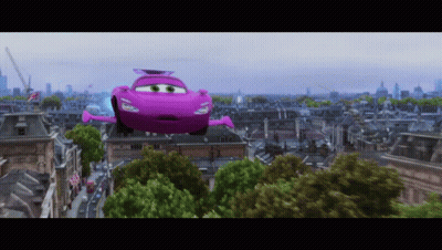 Purple Car Flying Over City GIF