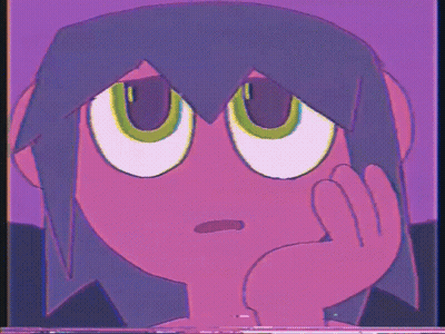 Purple Cartoon Character Green Eyes Hand On Chin GIF