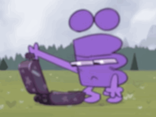 Purple Cartoon Character Holding Suitcase In Field GIF