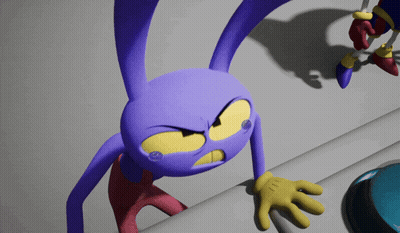 Purple Cartoon Character Reaching For Blue Button With Yellow Hand GIF