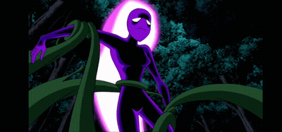 Purple Cartoon Character Surrounded By Green Vines And Trees GIF