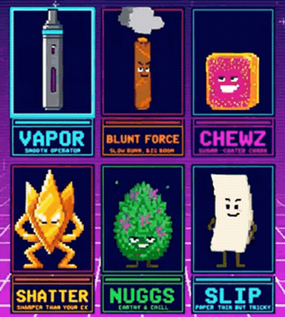 Purple Cartoon Characters Vapor Blunt Force Shatter Nuggs Slip GIF