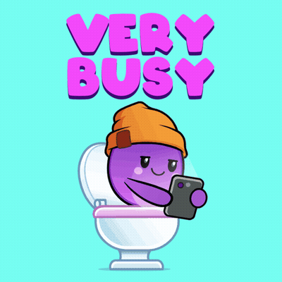 Purple Cartoon On Toilet With Phone Saying Very Busy GIF