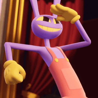 Purple Cartoon With Pink Overalls And Yellow Gloves Smiling GIF