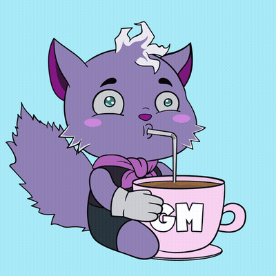 Purple Cat Drinking From Pink Cup With M GIF