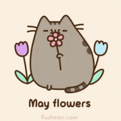 Purple Cat Holding Flower And Saying May Flowers GIF