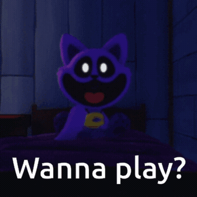 Purple Cat Sitting On Bed Saying Wanna Play GIF