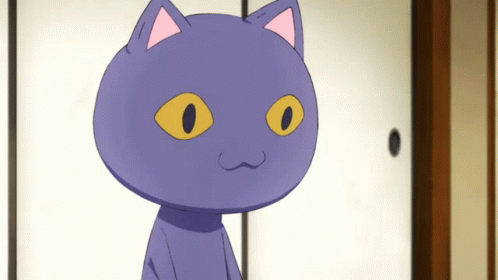Purple Cat With Yellow Eyes In Front Of White Door GIF