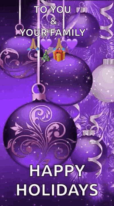 Purple Christmas Card With Ornaments And Happy Holidays GIF