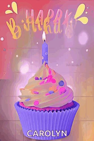 Purple Cupcake With Blue Candle And Carolyn GIF