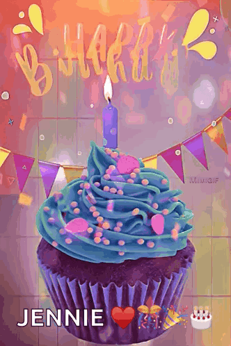 Purple Cupcake With Blue Frosting And Jennie Candle GIF