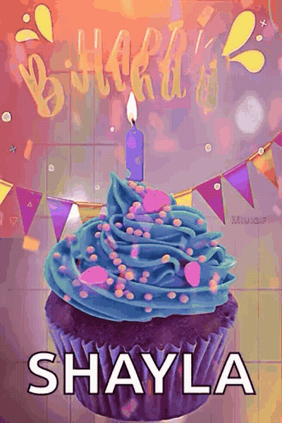 Purple Cupcake With Blue Frosting And Lit Candle Shayla GIF