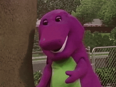 Purple Dinosaur Laughing Beside Tree GIF