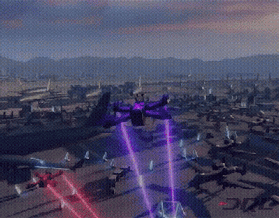 Purple Drone Flying Over Airport With JVC Letters GIF