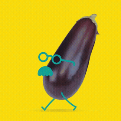 Purple Eggplant And Two Oranges With Faces GIF
