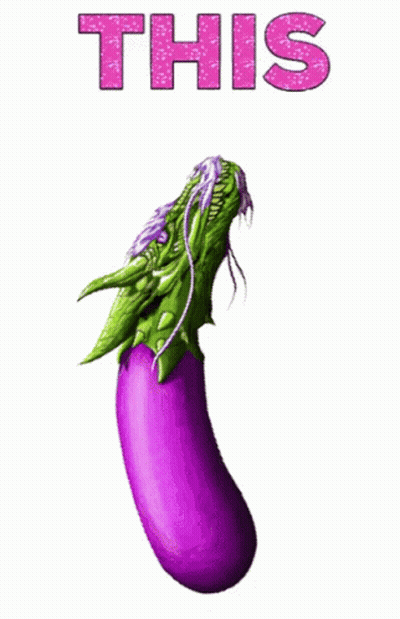 Purple Eggplant With Green Dragon Head Saying This GIF