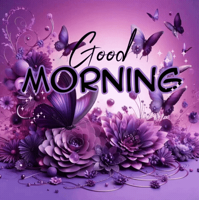 Purple Flowers And Butterflies Good Morning GIF