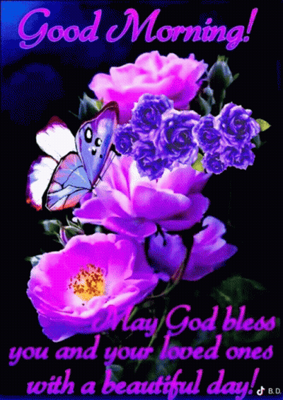 Purple Flowers And Butterfly May God Bless You GIF