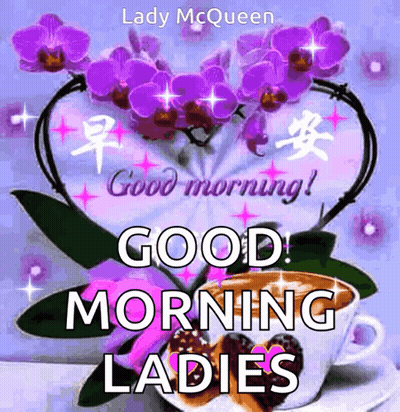 Purple Flowers And Cup Of Coffee Good Morning Ladies GIF