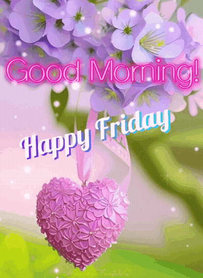 Purple Flowers And Pink Heart Saying Good Morning Happy Friday GIF