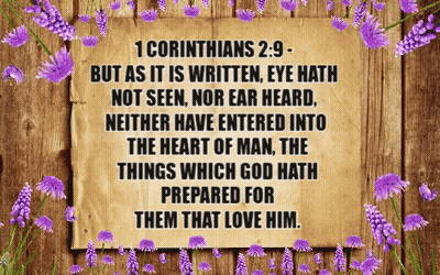 Purple Flowers Around Wooden Sign 1 Corinthians 2 9 GIF