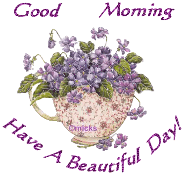 Purple Flowers In Teacup Good Morning Sticker