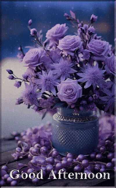Purple Flowers In Vase Saying Good Afternoon GIF