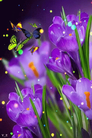Purple Flowers Surrounded By Butterflies GIF