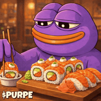 Purple Frog Holding Chopsticks Over Sushi Rolls GIF